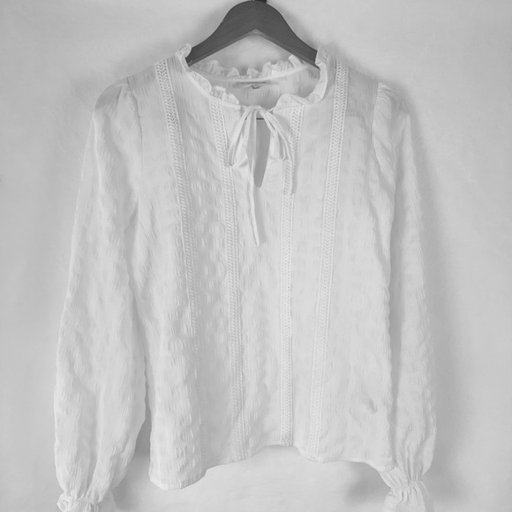Studio B Bobeau White Prairie Blouse Ruffle Tie Neck Lace Trim Balloon Sleeve S